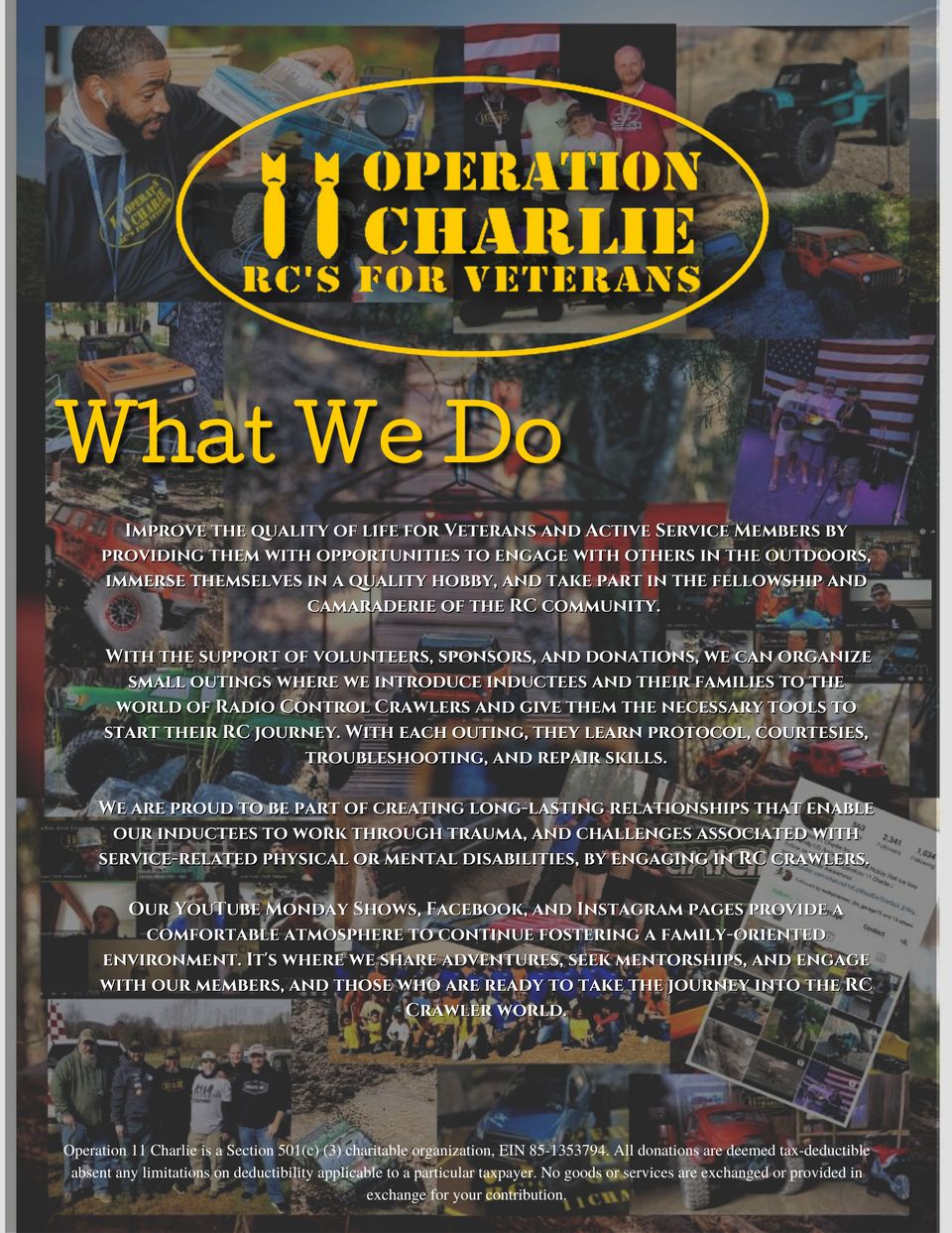 What We Do: Operation 11 Charlie flyer with photos of members at events